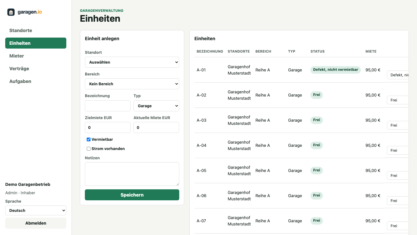 Garagen.io Demo mit Einheiten, Standorten, Status und Mieten